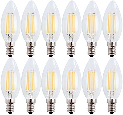 WULUN E14 LED Candle Filament Bulbs 4W, 40W Clear Candle Bulbs Equivalent , Warm White(2700K) Candelabra E14 SES Bulb, Non-Dimmable, 400Lm, LED Light Bulb, Flame shaped bulb E14,Small Edison Screw Candle Light Bulbs, 12-Pack