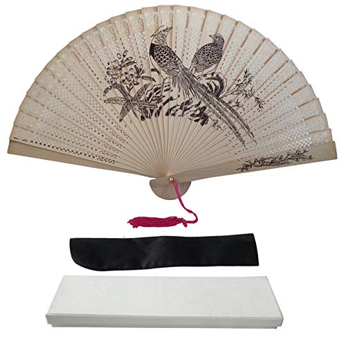 FANSOF.FANSFANSOF.FANS Vintage Sandalwood Handheld Folding Hand Fan With a Tassel for Women Girls Summer Party Event Favour Birthday Wedding Souvenir Gift (Twin Birds)