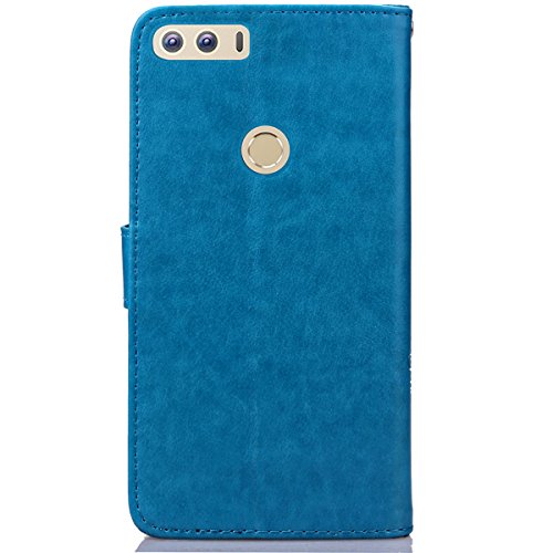 Etsue Lanyard/Strap für Huawei Honor 8 [Blumen Baum Blatt] Leder Schutzhülle Ledertasche Case Muster, Bunte Retro Floral Leaf Painted Magnetverschluss Premium Leder Hülle Wallet Cover Flip Case Brieftasche Hülle Standfunktion Kartenfächer Handyhüllen für Huawei Honor 8 + 1x Glitzer Staub Stecker + 1x Blau Eingabestift-Blau - 2
