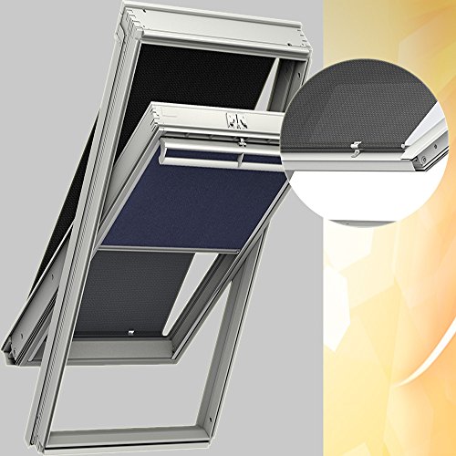 Original VELUX Vorteils-Set ( Verdunkelungs-Rollo + Hitzeschutz-Markise ) für GGL GHL GTL GPL GXL S08 + 608 und GGU GHU GTU GPU GXU S08 in Stofffarbe 1100 Dunkelblau – Markise in 5060 schwarz, Seitenschienen in Silber / DOP S08 1100S