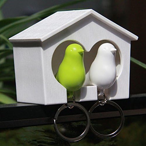 Wood House Sparrow Bird Key Ring + Key Holder + Whistle - Colorful Bird (Green-White)