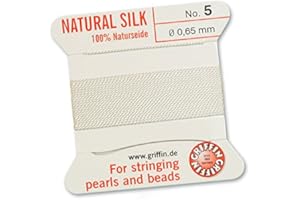 GRIFFIN SINCE 1866 GERMANY GRIFFIN 100% Natural Silk Beading Cord String Thread - White - 2 metres with one needle - Size 0.65mm