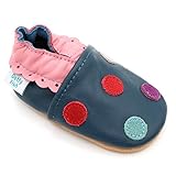 Weiches Leder Babyschuhe mit Wildledersohle Dotty Fish. Marineblau Mehrfarbig Punkte-Design Mädchen