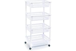 Acan Tradineur - Carrito verdulero Modelo PLFT de plástico con 4 Niveles y Ruedas, cestas apilables portaobjetos, Frutas, Verduras, Cocina, baño (Blanco - 85 x 40 x 30 cm)