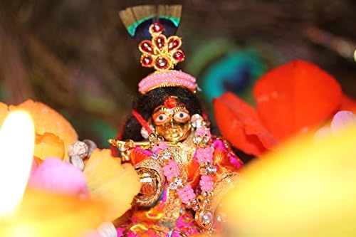 LORD KRISHAN LADU GOPAL BRASS JI KANIYA BAL KRISHNA MINI STATUE WITH YELLOW DRESS & MUKUT SET