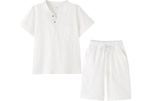 KISLOVE Jungen Sommer kleidung Henley Kragen Kurze Ärmel Hemd mit Shorts Baumwolle Leinen Set 2 Stück Kinder Lässig Outfits für 4-14 Jahre