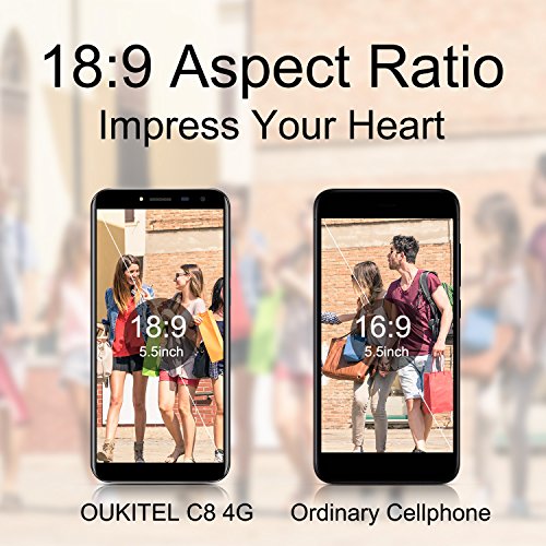 Oukitel C8 4G Smartphone 5.5 Zoll (18:9 Display) 3000mAh Akku Android 7 16GB Interner Speicher 2GB RAM 13MP Kamera Dual SIM Handy mit Fingerabdruck-Schwarz