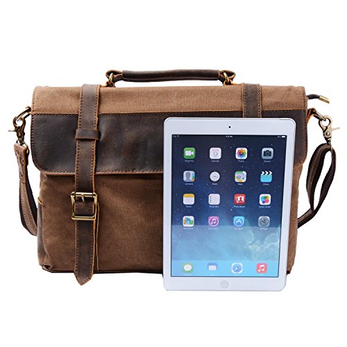 S-ZONE 14 Inch Vintage Aktentasche Arbeittasche Messenger Bag Umh  ngetasche Schultertasche Laptoptasche aus Canvas Leder  Kaffee 