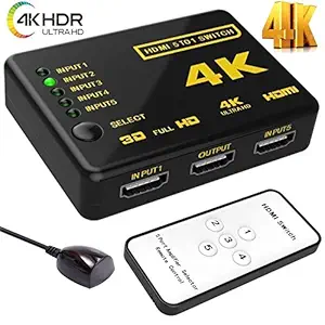 Microware HDMI Switch Splitter 5 in 1 Out Ultra HD 4K x 2K Intelligent 5 Port HDMI Switcher with Remote Control IR Receiver and USB Power Cable Supports 3D 4K Full HD 1080p