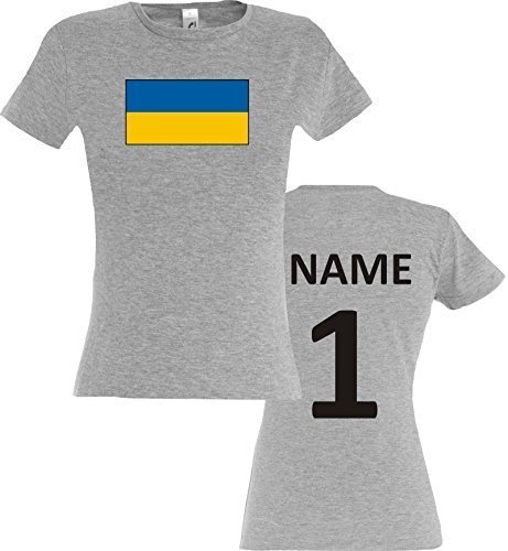 Lady T-Shirt Ukraine Ländershirt mit Wunschnamen und Nummer, Farbe sportsgrey, Größe XS