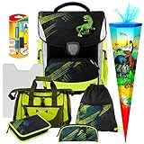 FEDERMAPPE mit 2 Klappen (ungefüllt) - SCHLAMPERETUI - SCHULTÜTE mit Dinosauriern 85 cm, 6-eckig mit Borte und Tüll