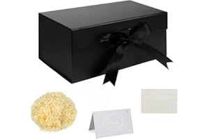 KISPATTI Black Gift Box with Ribbon 28x18x12cm Deep Gift Box With Magnetic Lids Shredded Tissue Paper Greeting Cards for Christmas Birthday Wedding Anniversary