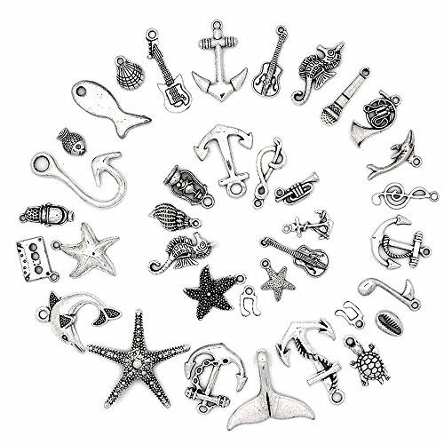 RUBY - 50 Pieces Metal Pendants Beads Tibetan Silver Style Mixed Shape Miscellaneous Jewelry Making Topics (Marine and Musical Theme)