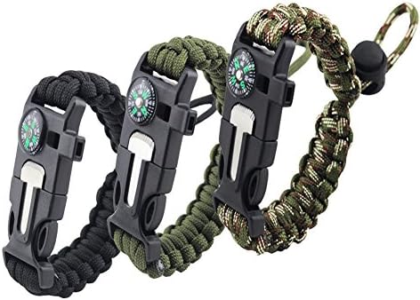 SPLHMILY Survival Paracord Bracelet kit, 3PCS Emergency Gear Kit with Compass Flint Fire Starter Scraper knife Whistle for Ourdoor Hunting Hiking Camping Boating Fishing Emergency