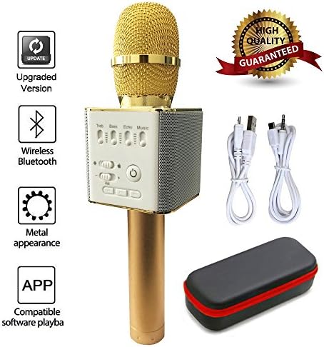 【Upgraded Version】Q9 Magic Karaoke Wireless Microphone With Bluetooth Speaker For Apple iPhone Android Smartphone (Gold)