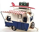 Räder und Markise beweglich Unbekannt Wohnwagen aus Metall blau mit Rahmen und Spardose Camper Auto Oldtimer Nostalgie