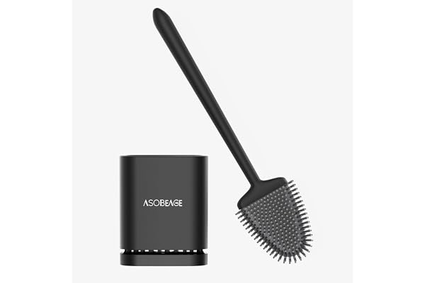 ASOBEAGE Brosse de Toilette en Silicone : Tête Flexible, Long Manche, Fixation Murale, Support à séchage Rapide pour Le Nettoyage de la Salle de Bain (Noir)