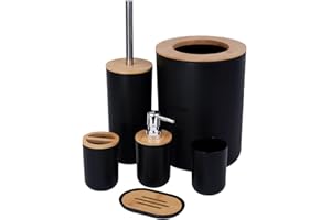 JETAINE 6 Pieces Bamboo Bathroom Accessories Modern Bathroom Accessory Set Luxury Bathroom Bin and Toilet Brush Set, Toothbrush Holder Tumbler Soap Dish Trash Can Soap Dispenser Bath Set Gift