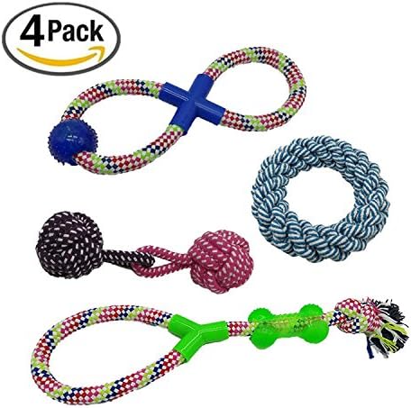 Pets Dog Toys (4-PACK) - Assorted Tough Ropes and Indestructible Natural Rubber Ball for Small to Medium Dogs