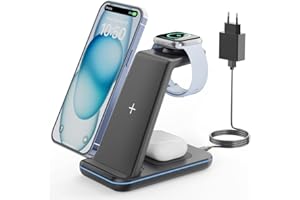 GEEKERA Estacion de Carga para Apple, Cargador Inalambrico 3 en 1 para iPhone 16/15/14/13/12/11/Pro MAX, Base Cargador para Apple Watch 10/9/8/7/6/5/4/3/2, Carregador sem fios para AirPods 4~2-Negro