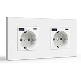 BSEED Schuko Wall Plug, 16A 250V Single Socket on Plastic Panel, 2 Gang with 20W USB/Type C, White