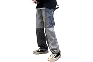 Tomwell Homme Jeans Patchwork Couleur Bloc Denim Pantalon Vintage Baggy Hip Hop Straight Leg Denim Pants Taille Haute en Détresse Trouser Streetwear