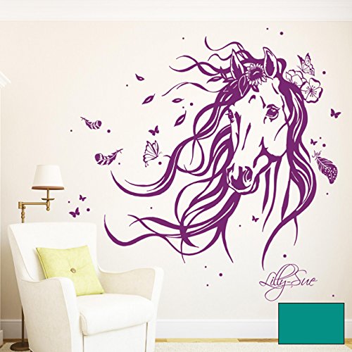 ilka parey wandtattoo-welt® Wandtattoo Pferd Wildpferd mit Blumen Federn Schmetterlingen und Wunschnamen M1874 ausgewählte Farbe: *türkis* ausgewählte Größe: *M - 80cm breit x 68cm hoch*