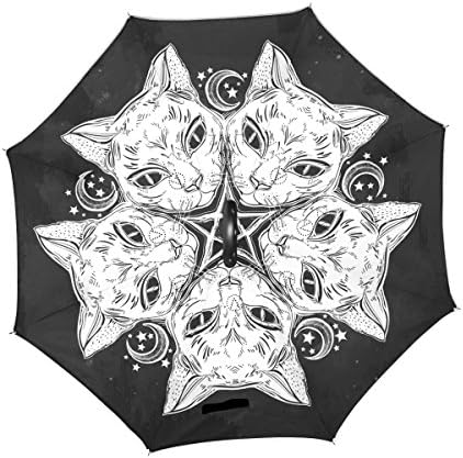 Majestic Cat and Moon Stars Double Layer O Shape Handle Reverse Umbrella Windproof UV Protection Portable Inverted Umbrella Travel Umbrella for Women and Men