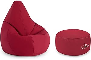 Diverpuff Puff Pera Gigante con Reposapies - Puf con Relleno Incluido XXL Interior - Ideal para Adultos y Niños (XXL + Reposapies, Rojo Exterior)