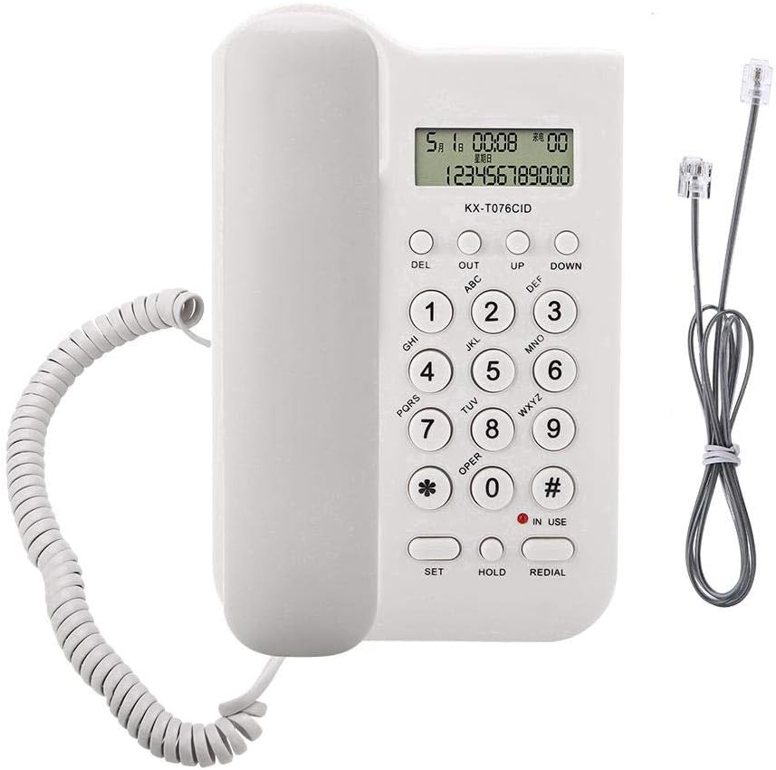 Ticfox Teléfono con cable, cable con cable, teléfono fijo de escritorio, teléfono de pared con pantalla de llamadas, cable elástico para el hogar, oficina y hotel, (blanco)