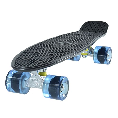 Land Surfer® Skateboard Cruiser Retro Completo 56cm - cojinetes ABEC-7 - Ruedas Transparentes o coloreadas 59mm PU + Bolsa para el Transporte - Tabla Negra/Ruedas Azules Transparentes