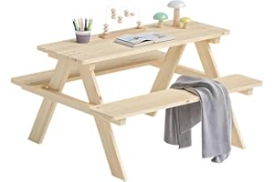 Bellabino Inny Kindersitzgarnitur für Draußen, Sitzgruppe Outdoor 2 Bänke mit Tisch, Sitzgarnitur für Kinder Natur aus Massivholz unbehandelt, Picknicktisch Kinder, Spielsitzgruppe draußen