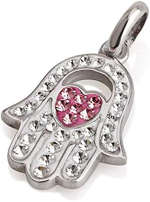 Hamsa Hart Pendant With White Crystals Gemstones and 925 Silver Necklace