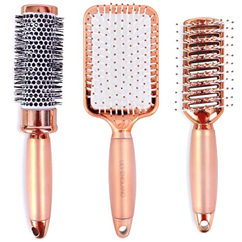 Rose Gold Haarbürsten Set. Enthält Fass-, Paddel- und Vent-Haarbürsten. Gut zum Richten, Styling und Detangling. Luxus, professionelle