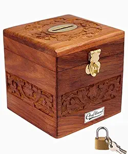 Craftland Wooden Money/Piggy Bank, Money Box, Coin Box with Carved Design for Kids/Children. with Lock