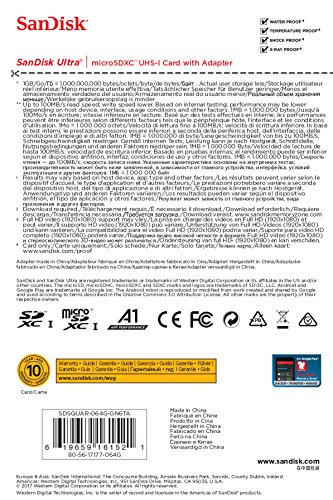 SanDisk Ultra 64GB microSDXC Speicherkarte + Adapter bis zu 100 MB/Sek, Class 10, U1, A1