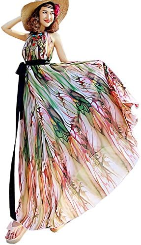 Years Calm Women’s Summer Bohemia Printing Show Thin Dress Chiffon Sleeveless Loose Beach dresses (One size, Multicoloured)