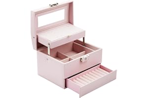 Terafeels Large Jewellery Case with Handle PU Leather Jewelry Box 3-Layers with Mirror and Lock for Rings Bracelets Earrings Necklaces Easy to Carry Pink