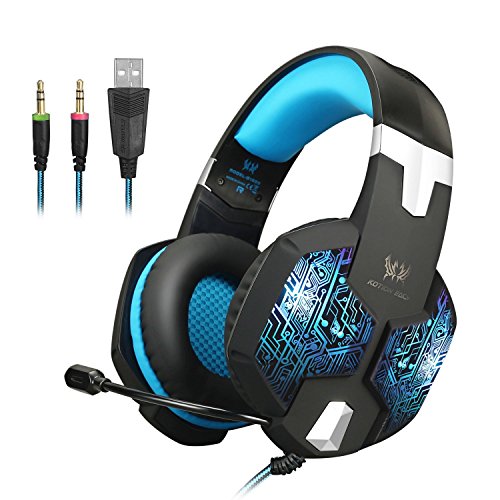 KOTION EACH Auriculares para jueguos con Microfono G1000 Profesional para Videojuegos 3.5mm PC Gaming Bass Stereo Headset Auriculares Diadema de aislamiento de Ruido de Respiración Durante(Negro+Azul)