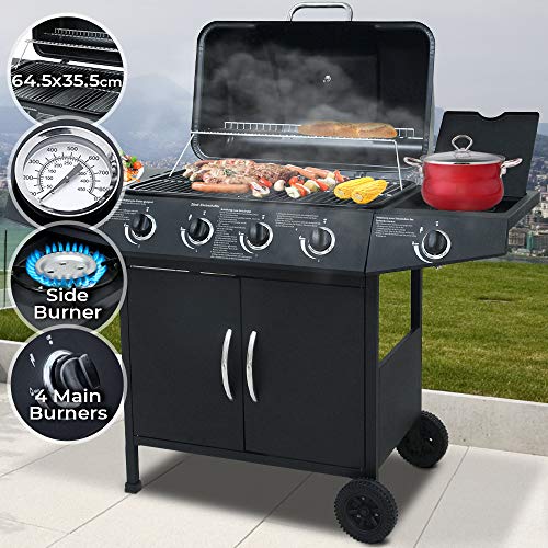 détail broil-master Barbecue à Gaz | 4 Brûleurs Principaux + 1 Latéral, en Acier, avec Thermomètre et roulettes, 128/97/53 cm, Noir | BBQ Gaz, Barbecue Gaz Plancha