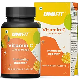 Unifit Vitamin C Chewable Tablets With Zinc and Mango Extract, Immunity Booster, Antioxidant & Skin Care Support, Vitamin C with Zinc in Mango Flavor - 60 Chewable Tablets