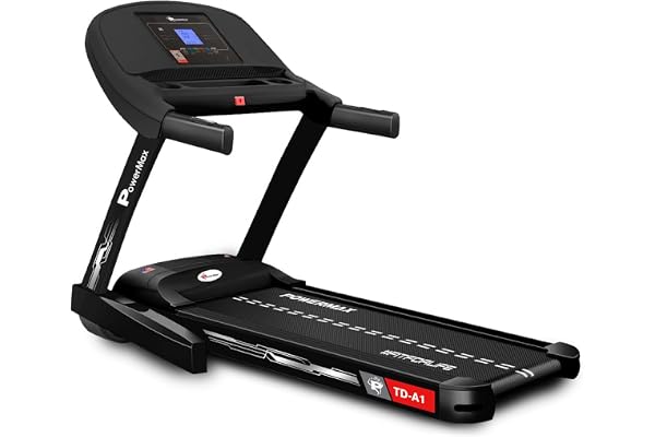 PowerMax Fitness TD-A1 6HP Motorised Foldable Treadmill for Home User Wt. 120kg 15 Lvl Auto-Incline Running Machine for pro-workout, Top Speed 14 km/ph, Speaker, Aux, LCD Display, Bluetooth for app