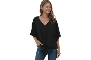 Anelune Ladies’ Chiffon Blouses with V-Neck and Front tie Batwing Sleeves Short Sleeves Summer Tops and Shirts