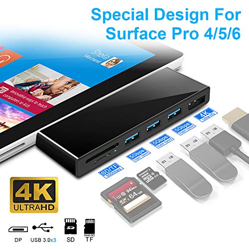 Eletrand Docking Station Hub USB Surface PRO 4/5/6 con 4K DP, 3 Porte USB 3.0 ad Alta velocità Trasporto, con Slot per schede SD (HC) e Lettore di schede TF per Microsoft Surface PRO 4/5/6, Aluminium