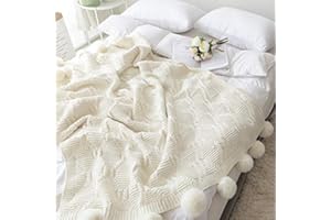 OLIVESLEEP Heiße Strickdecke, niedlicher Stil, grobe Chenille, Überwurf für Sofa, Bett, Stricken mit Pompons, Dekoration, weich, warm, bequem für Junge Mädchen und Jungen (cremefarben, 130 x 160 cm)
