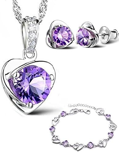 Set Of Genuine 925 Sterling Silver Purple Love Heart Pendant Necklace+Matching Stud Earrings+Matching Bracelet