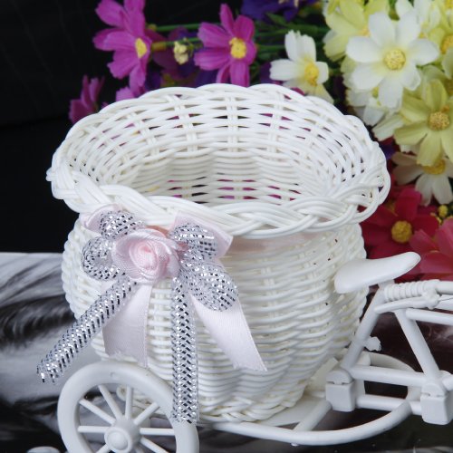Handmade Rattan Blumen Dreirad Fahrradkorb Körbe für Blumenvase Lagerung Dekoration (weiß Rosa) - 6