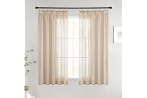 Woaboy Zasłony z taśmą marszczącą, krótkie, na okno, woal, do salonu, przezroczyste, do sypialni, nowoczesne zasłony ze szlufkami, zestaw 2 sztuk, 140 x 225 cm (szer. x wys.), beżowe