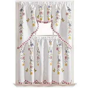 GOHD - DAISY SWING 3pcs Kitchen Curtain / Cafe Curtain / Swag & tiers Set, Air-brushed By Hand of DAISY & BUTTERFLY Design on THICK SATIN FABRIC