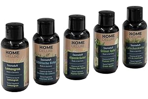 Home Deluxe - Juego de 5 aromas para sauna, manzana verde, hierba de limón, pino de montaña, abedul siberiano, hierbas alpinas, 50 ml cada uno. Infusión de sauna